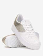  Sneakers alb-aurii cu șireturi cu talpă plată și inserții cu sclipici Dezia