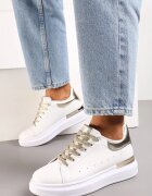  Sneakers Alb-Aurii pe Platformă cu Inserție Metalică și Șireturi cu Sclipici Wuriana