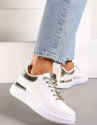  Sneakers Alb-Aurii pe Platformă cu Inserție Metalică și Șireturi cu Sclipici Wuriana