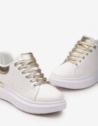 Sneakers Alb-Aurii pe Platformă cu Inserție Metalică și Șireturi cu Sclipici Wuriana