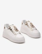  Sneakers Alb-Auriu cu Decorație Metalică cu Zirconii la Șireturi Awenttes