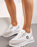  Sneakers Alb-Bej din Imitație de Piele cu Șireturi și Aplicație Obinaria