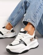  Sneakers alb-negru cu șnur decorativ și cu zirconii Junilo