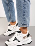  Sneakers alb-negru cu șnur decorativ și cu zirconii Junilo