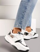  Sneakers alb-negru cu șnur decorativ și cu zirconii Junilo
