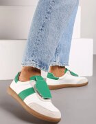  Sneakers Alb-Verde Plati din Piele cu Inserție Decorativă din Piele Întoarsă Milivia