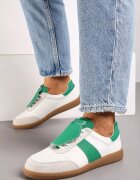  Sneakers Alb-Verde Plati din Piele cu Inserție Decorativă din Piele Întoarsă Milivia