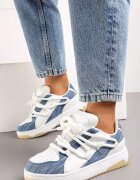  Sneakers Albastru-Alb cu Talpă Groasă cu Șiret Decorativ și Perforație Sahlle