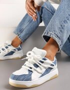  Sneakers Albastru-Alb cu Talpă Groasă cu Șiret Decorativ și Perforație Sahlle