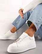  Sneakers Albi pe Platformă cu Aplicații Bijuterii pe Șireturi Noonia