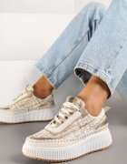  Sneakers Bej închis cu Talpă Groasă Decorate cu Tweed și Cusături Ulamoriela
