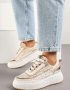  Sneakers Bej închis cu Talpă Groasă Decorate cu Tweed și Cusături Ulamoriela