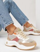  Sneakers bej închis pe talpă plată cu inserții metalice și cu sclipici Acrila
