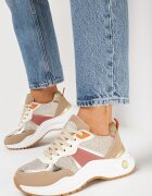  Sneakers bej închis pe talpă plată cu inserții metalice și cu sclipici Acrila