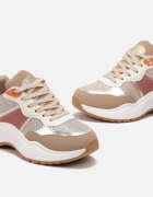  Sneakers bej închis pe talpă plată cu inserții metalice și cu sclipici Acrila