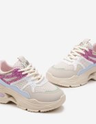  Sneakers Bej-Roz cu Talpă Groasă cu Inserții cu Sclipici și Zirconii Wirnessa