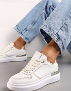  Sneakers Bej și Alb pe Platformă Joasă cu Inserții cu Sclipici și Metalice Limexa
