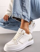  Sneakers Bej și Alb pe Platformă Joasă cu Inserții cu Sclipici și Metalice Limexa