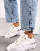  Sneakers Bej și Alb pe Platformă Joasă cu Inserții cu Sclipici și Metalice Limexa