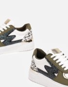 Sneakers Cu șireturi Alb-Verzi cu Talpă Plată cu Inserții Metalice și cu Sclipici Mebassa