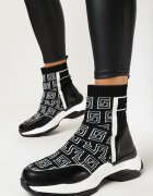  Sneakers Negre cu Talpă Plată și Groasă cu Guler Tip Șosetă Sonvala