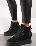  Sneakers negri-aurii cu toc pană ascunsă cu inserții metalice și fermoar decorativ Daimana