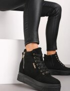 Sneakers negri-aurii cu toc pană ascunsă cu inserții metalice și fermoar decorativ Daimana