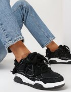  Sneakers Negri cu șireturi largi decorate cu inserții din material și perforații Niriela