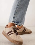  Sneakers pe talpă groasă tip tenis cu embosare și dungi Kakitte Bej închis