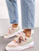  Sneakers Roz și bej pe platformă joasă cu șireturi late Gritte