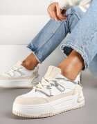  Sneakerși Alb-Bej cu Talpă Groasă Decorat cu Zirconiu Neothra