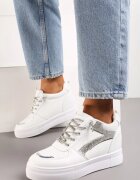  Sneakerși Albi-Argintii pe pană ascunsă decorați cu Zirconii Maatisa