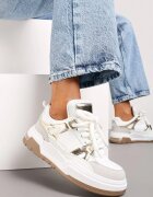  Sneakerși Albi și Aurii Clasici cu șireturi cu talpă plată cu inserție transparentă Famarie