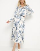 sophyline paris Fustă Alb-Albastră din Viscoză Decorată cu Pliuri și Model Floral Firavia