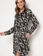 sophyline paris Rochie Neagră cu Model Geometric din Material Satinat cu Lanț Metalic Nastar