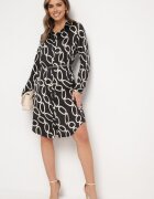 sophyline paris Rochie Neagră cu Model Geometric din Material Satinat cu Lanț Metalic Nastar