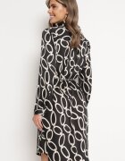 sophyline paris Rochie Neagră cu Model Geometric din Material Satinat cu Lanț Metalic Nastar