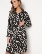 sophyline paris Rochie Neagră cu Model Geometric din Material Satinat cu Lanț Metalic Nastar