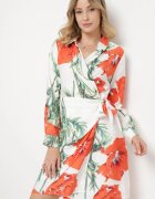 sophyline Rochie Alb-Roșie Petrecută Florală cu cordon în talie și mânecă lungă Iarneli