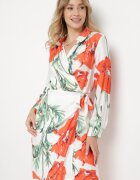 sophyline Rochie Alb-Roșie Petrecută Florală cu cordon în talie și mânecă lungă Iarneli