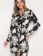 sophyline Rochie Cămașă Neagră cu Vâscoză cu Imprimeu Floral cu Curea Suplimentară Ninira