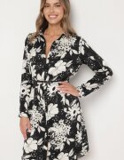 sophyline Rochie Cămașă Neagră cu Vâscoză cu Imprimeu Floral cu Curea Suplimentară Ninira