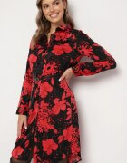 sophyline Rochie Negru-Roșie Tip Cămașă din Viscoză cu Imprimeu Floral cu Curea Adițională Ninira