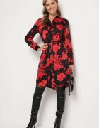 sophyline Rochie Negru-Roșie Tip Cămașă din Viscoză cu Imprimeu Floral cu Curea Adițională Ninira