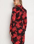 sophyline Rochie Negru-Roșie Tip Cămașă din Viscoză cu Imprimeu Floral cu Curea Adițională Ninira