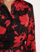 sophyline Rochie Negru-Roșie Tip Cămașă din Viscoză cu Imprimeu Floral cu Curea Adițională Ninira