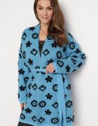 studio eleven Cardigan Albastru cu Imprimeu Floral Grafic și Cordon Legat Juulia
