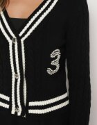 studio eleven Cardigan Negru din Bumbac Ornat cu Benzi Perle și Zirconii Liasha