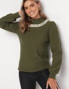 studio eleven Maletă tricotată Verde închis cu model în relief decorativ mâneci bufante și perle Velurion