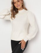 studio eleven Pulover Guler înalt Bej deschis cu Relief Decorativ cu Mâneci Bufante și Perle Velurion